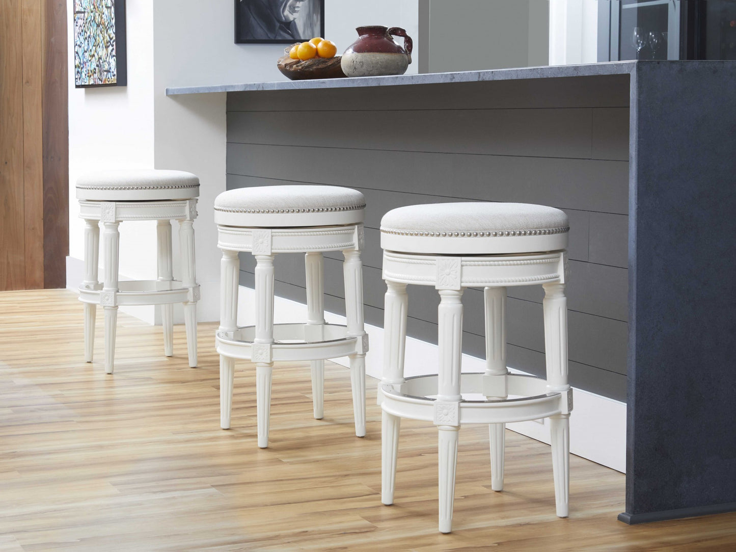 Bar Height Round Backless Stool In White Fabric