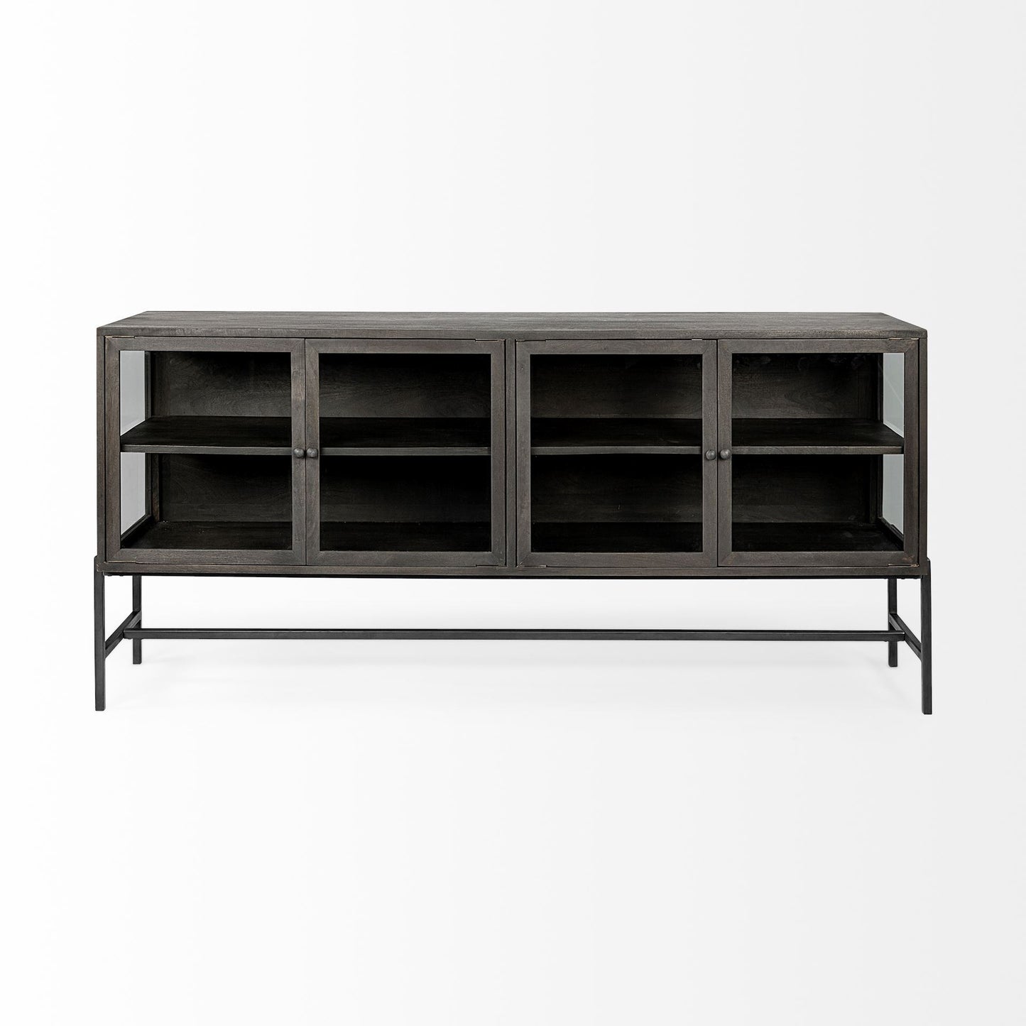 Black Solid Mango Wood Finish Sideboard With 4 Glass Cabinet Doors