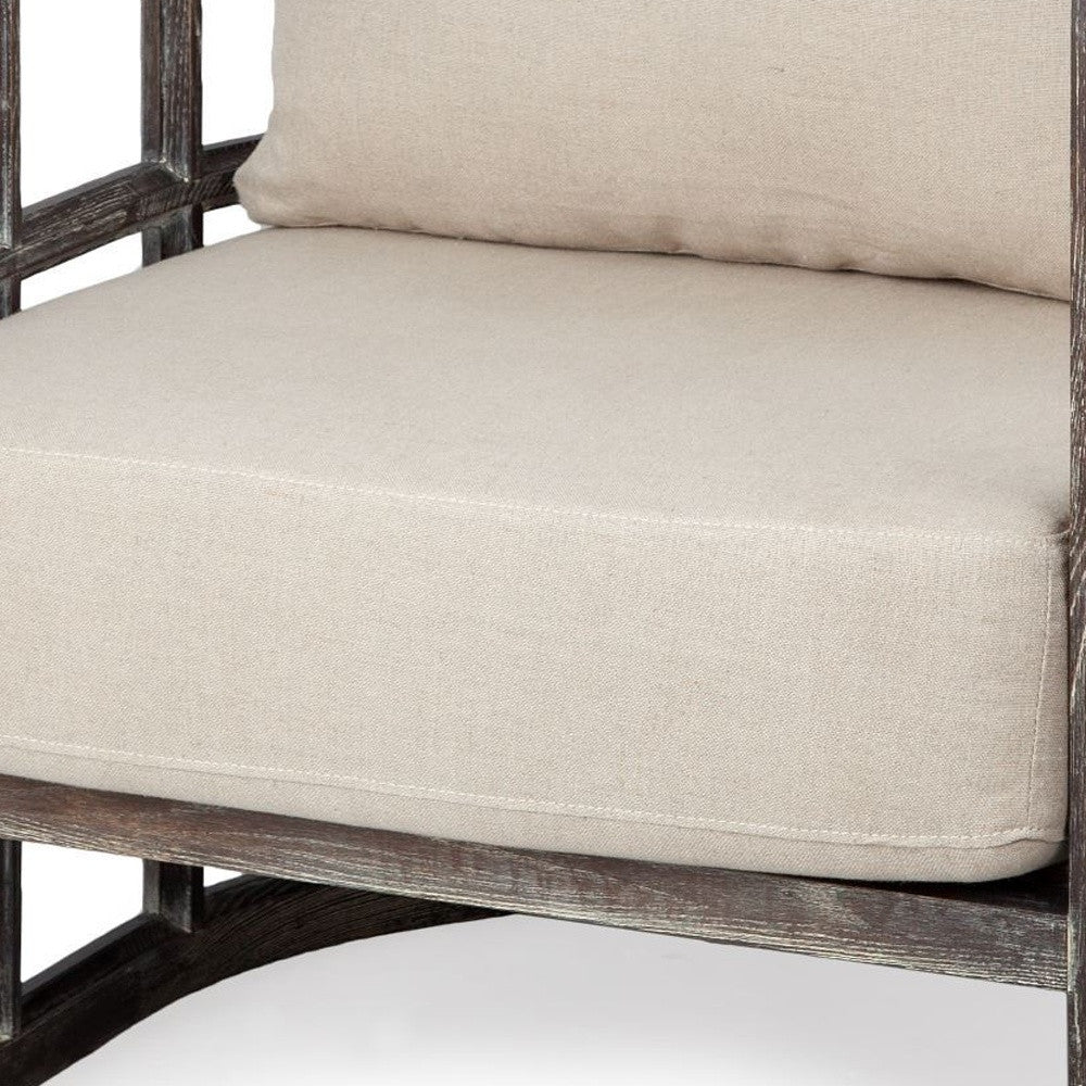 Cream Fabric Covered Cushioned Demi Lune Accent Chair With Wooden Frame