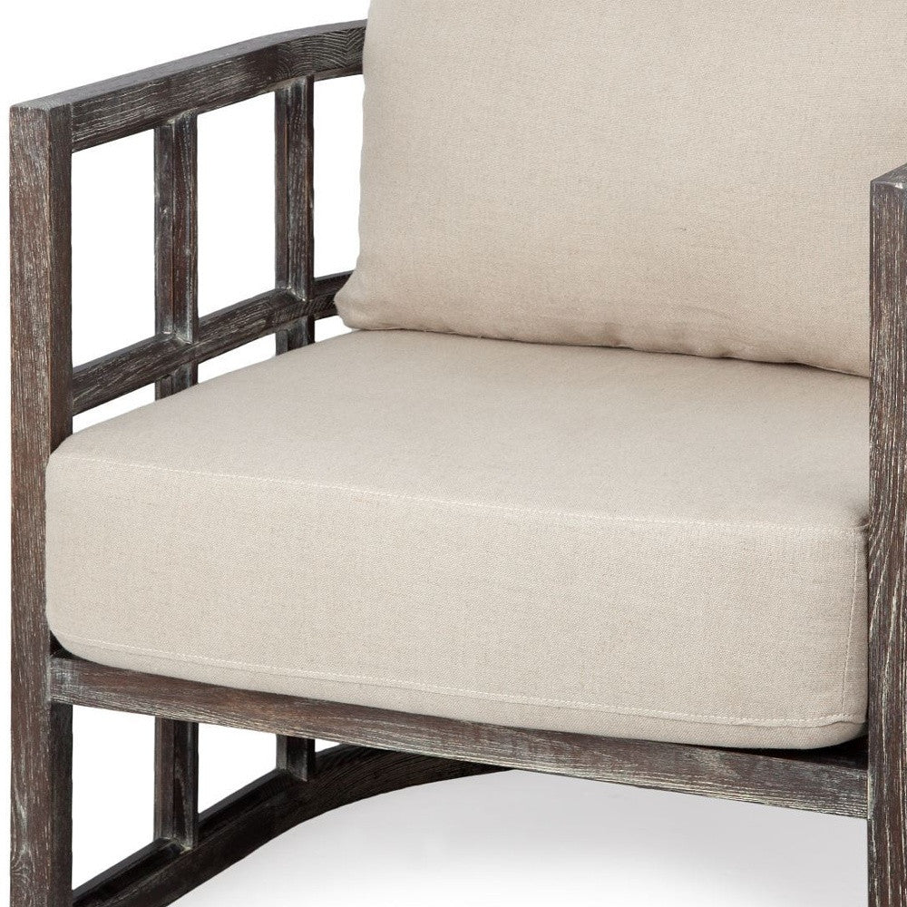 Cream Fabric Covered Cushioned Demi Lune Accent Chair With Wooden Frame