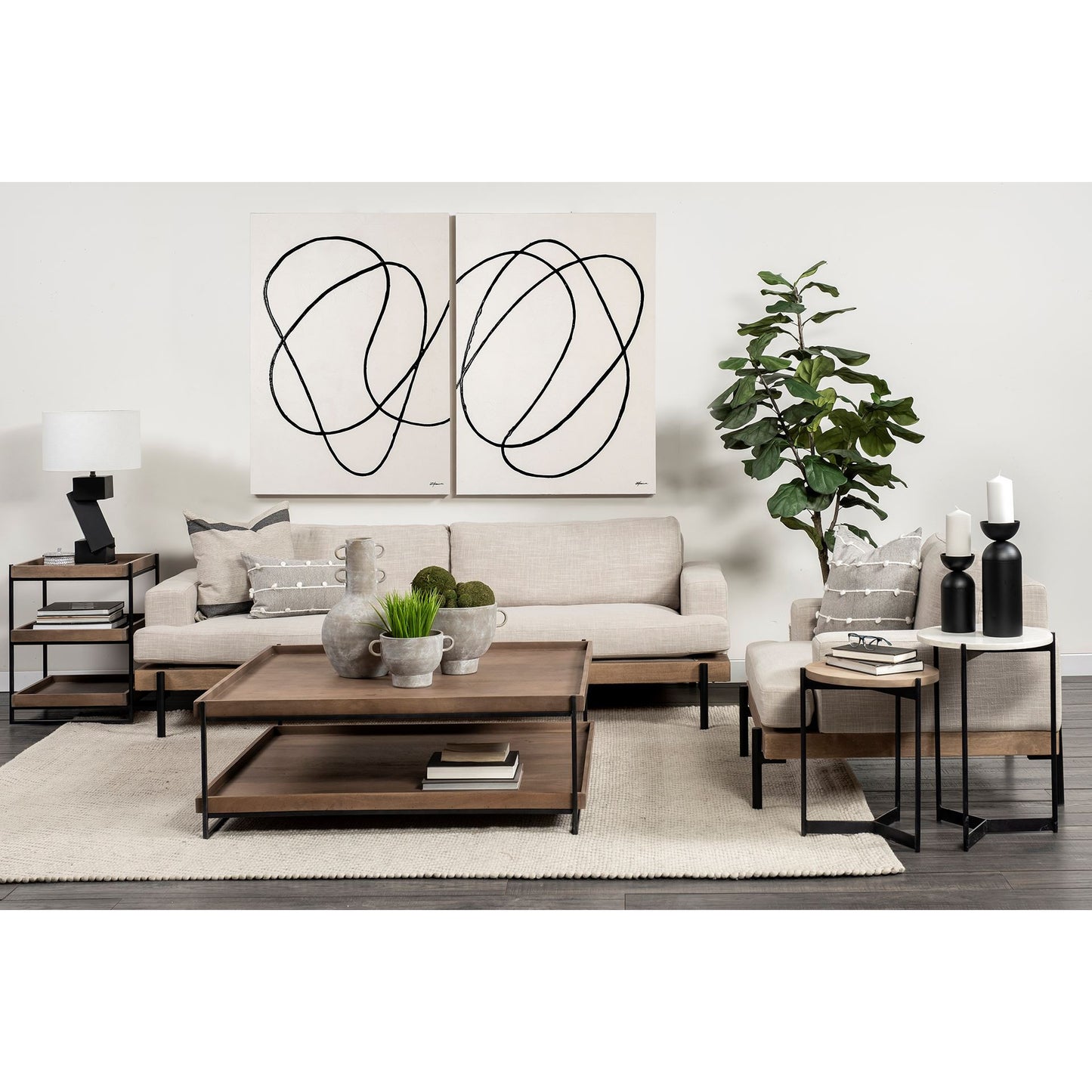 Set Of 2 Medium Brown Wood Round Top Side Tables With Marble Nesting