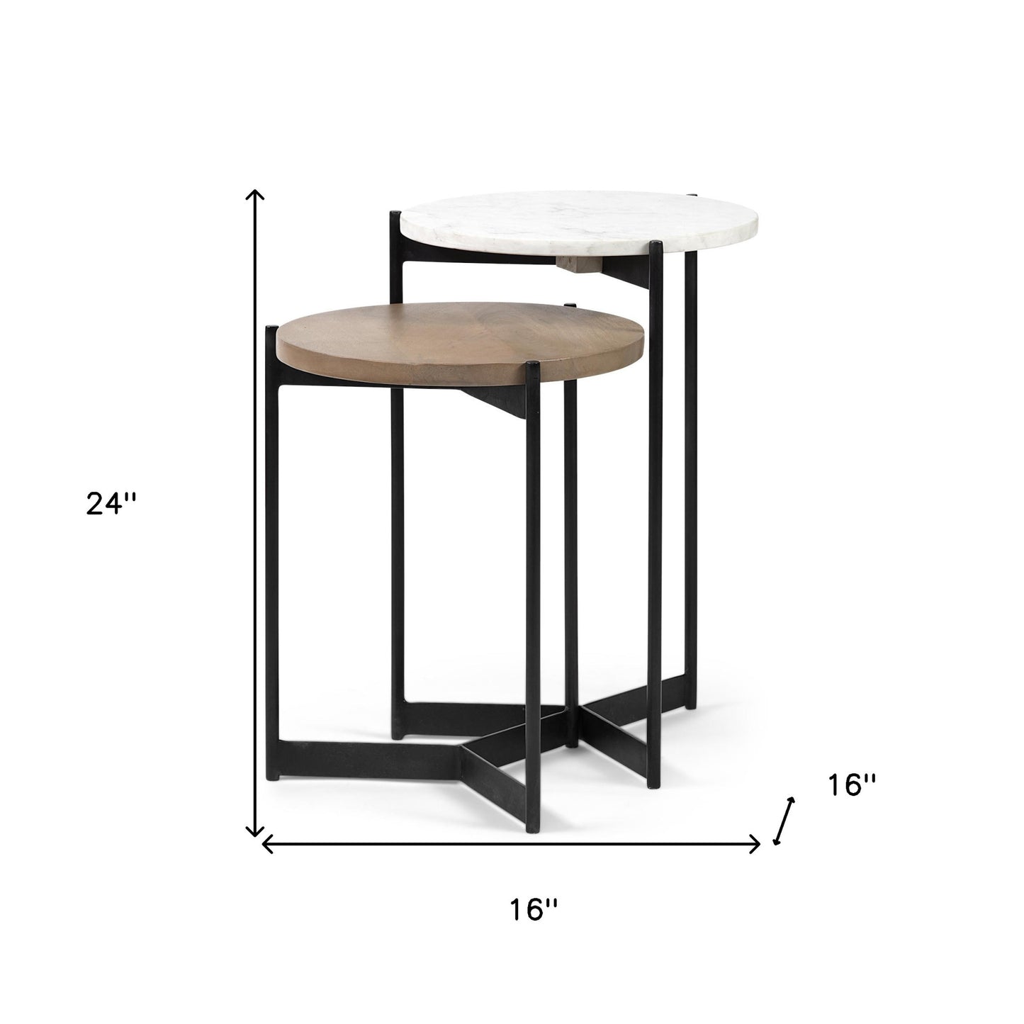 Set Of 2 Medium Brown Wood Round Top Side Tables With Marble Nesting