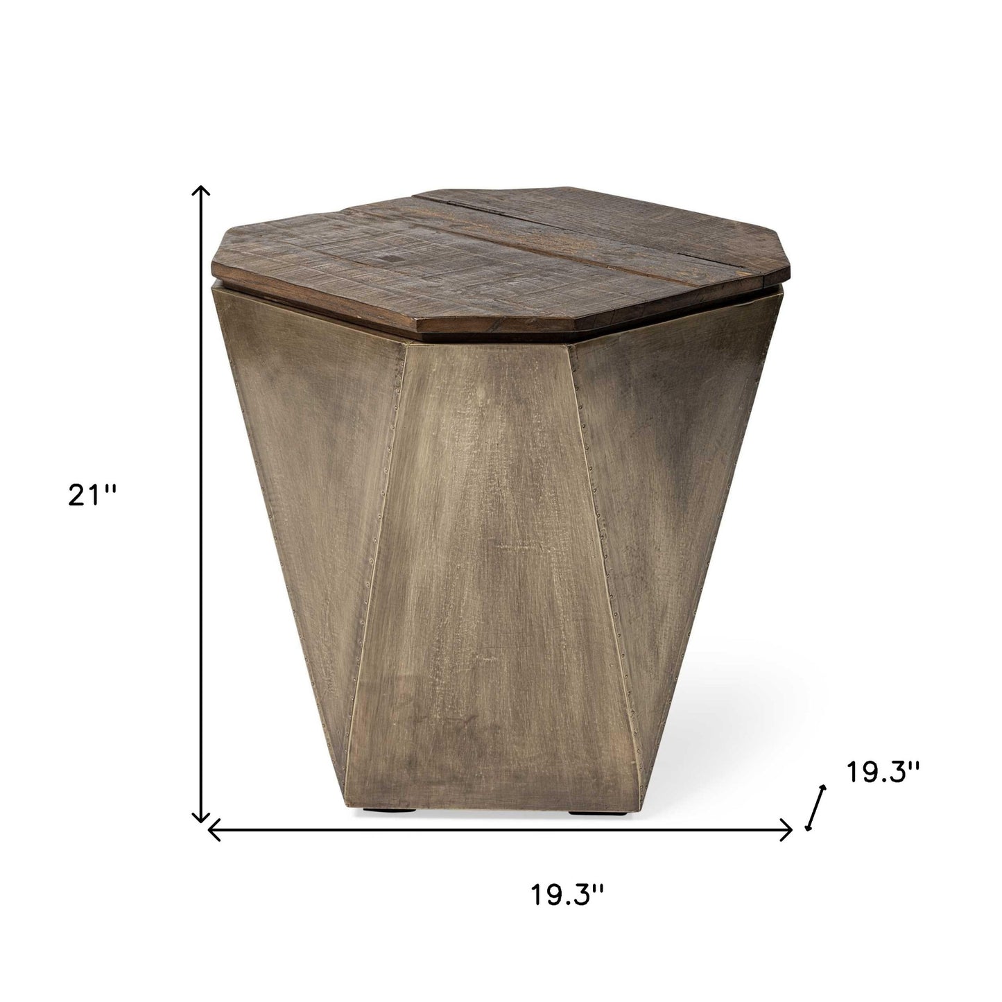Brass And Natural Wood Side Table With Hexagonal Hinged-Top