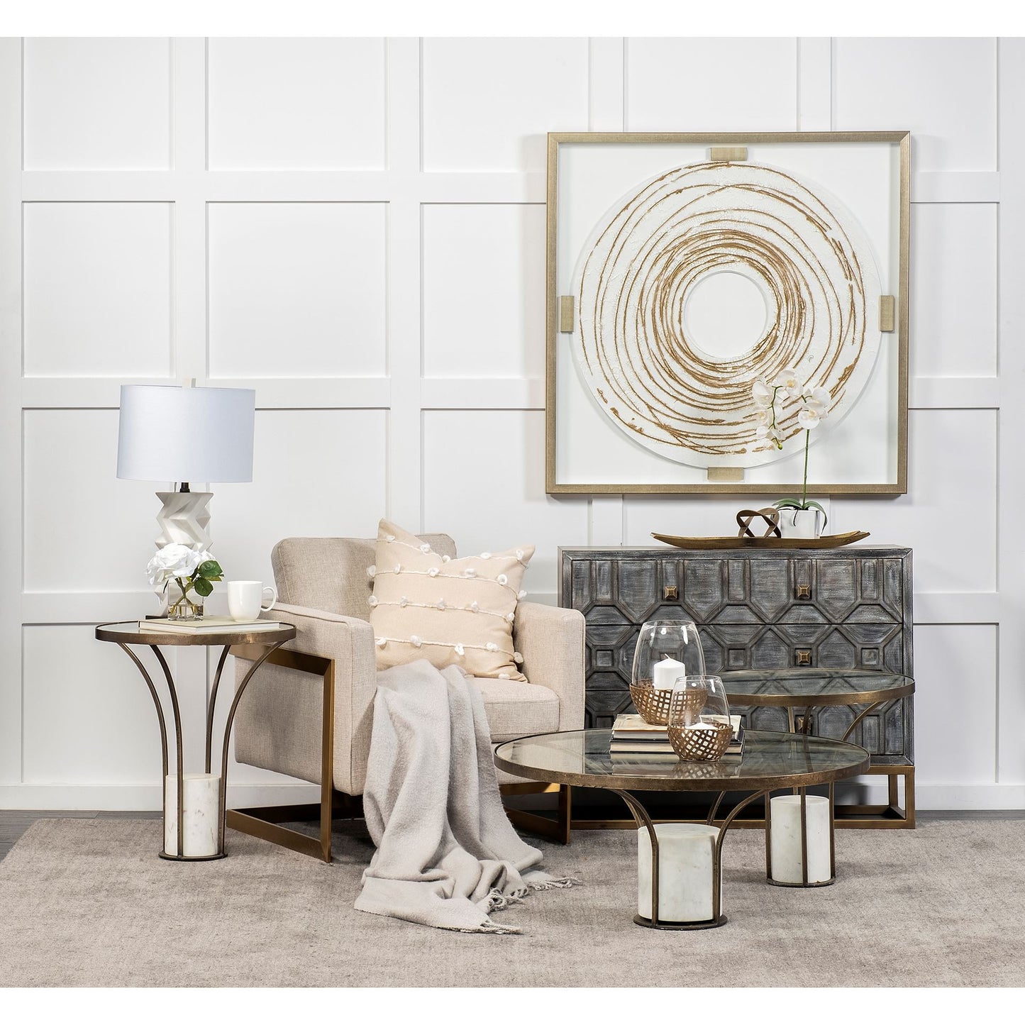 21" Round Glass Top End Table With Metal And Marble Pedestal