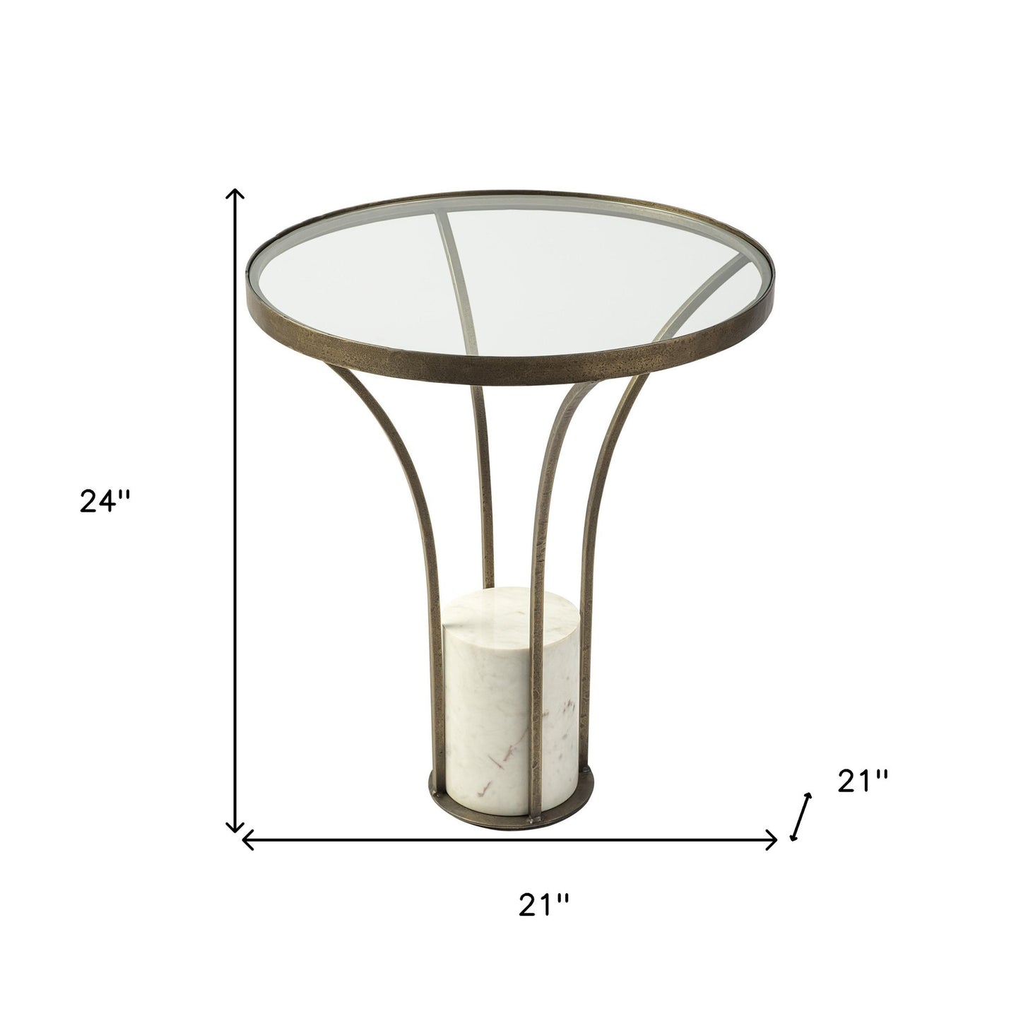 21" Round Glass Top End Table With Metal And Marble Pedestal