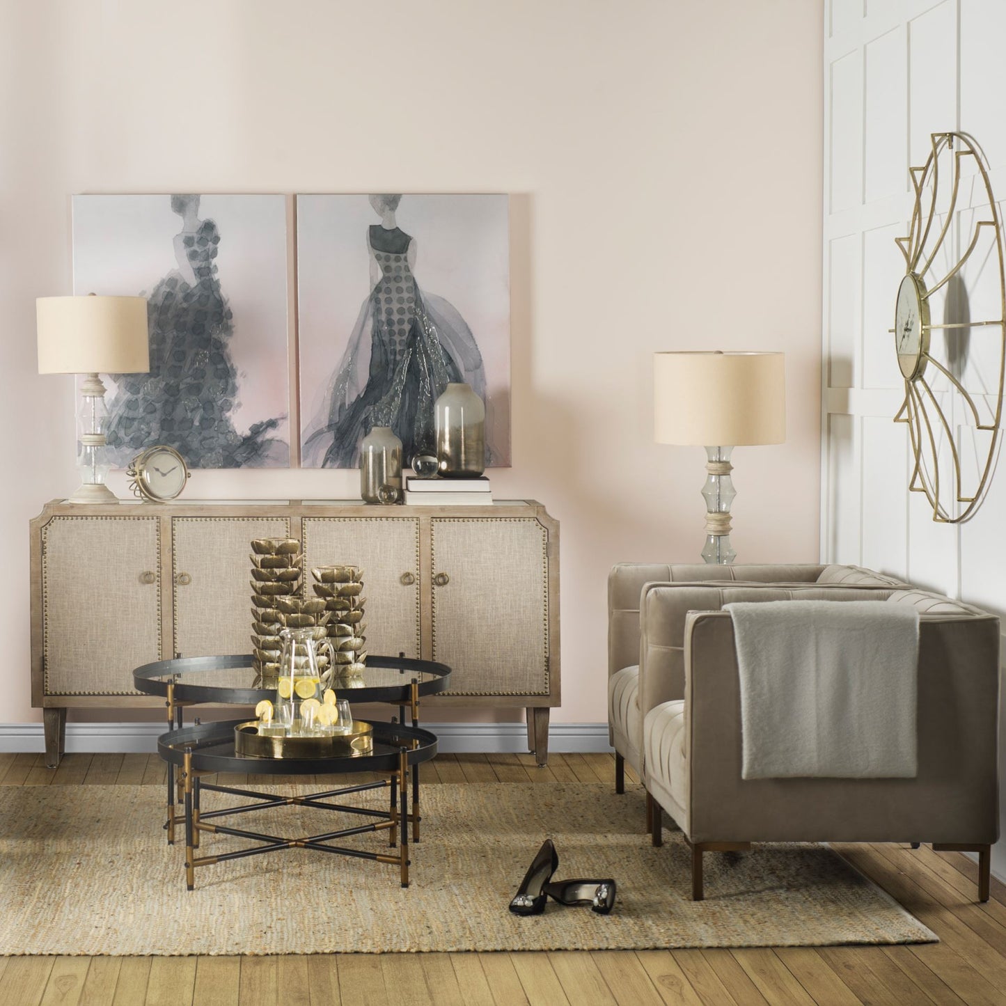 Round Mirrored Top Accent Table With Black And Brass Metal Base