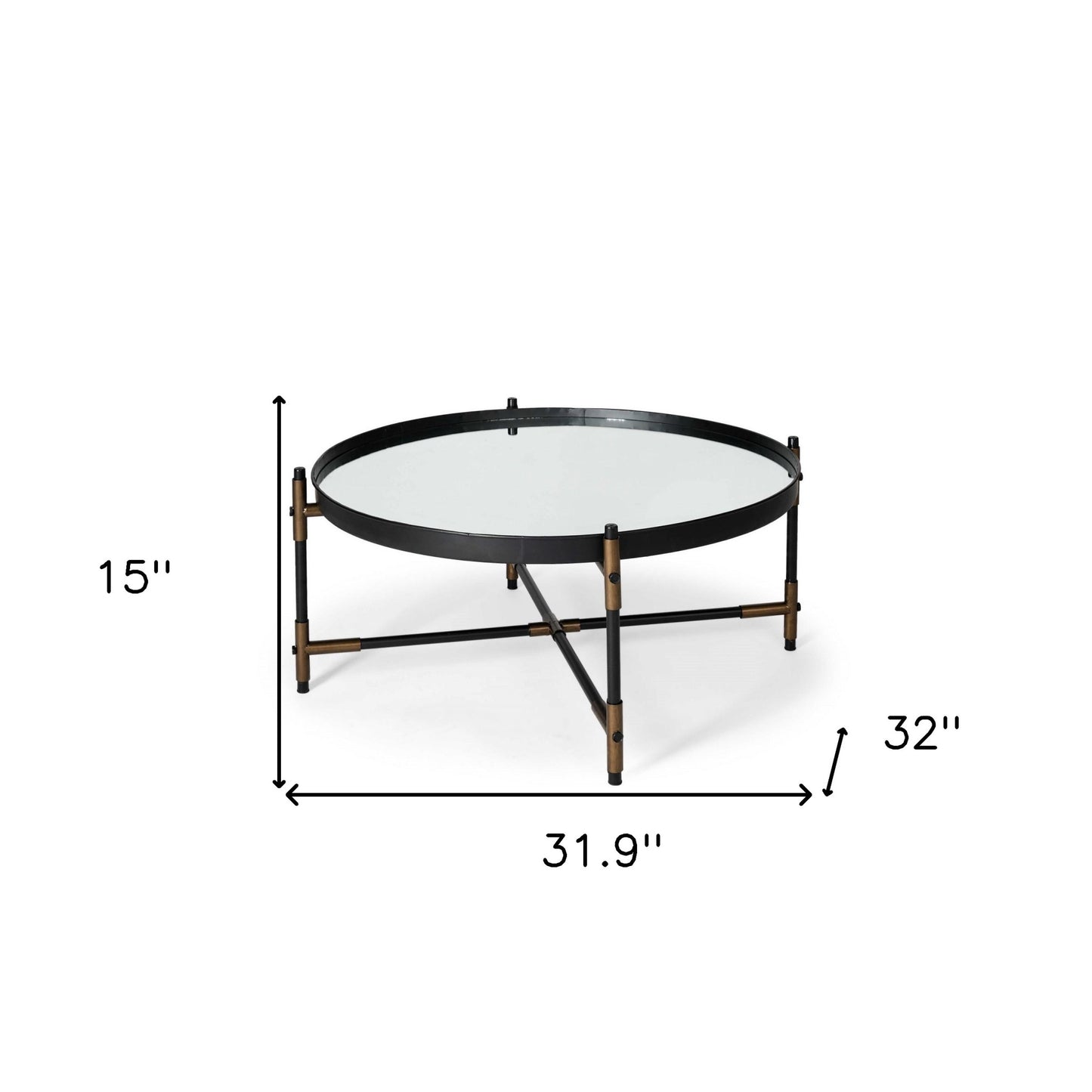 Round Mirrored Top Accent Table With Black And Brass Metal Base