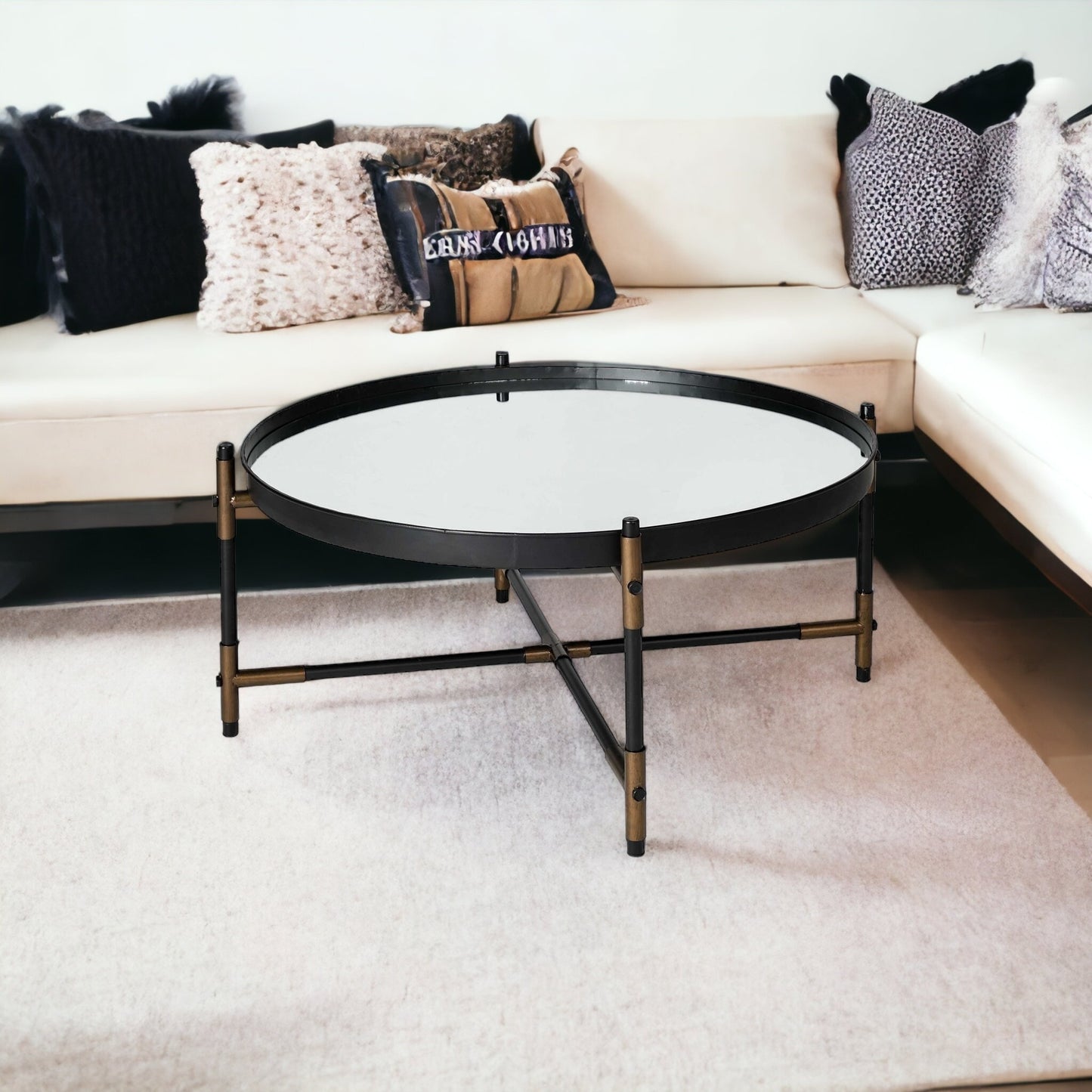 Round Mirrored Top Accent Table With Black And Brass Metal Base