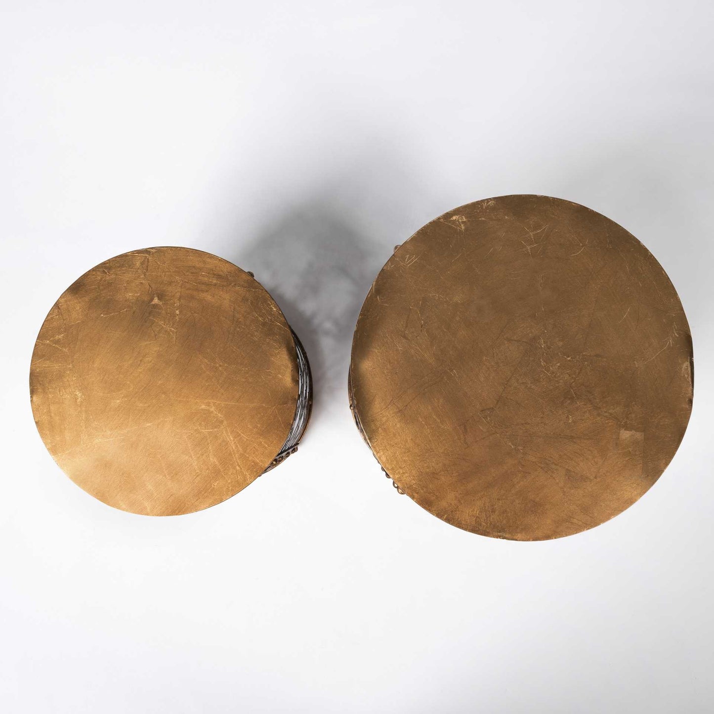 Set Of 2 Cylindrical Gold Metal Accent Tables