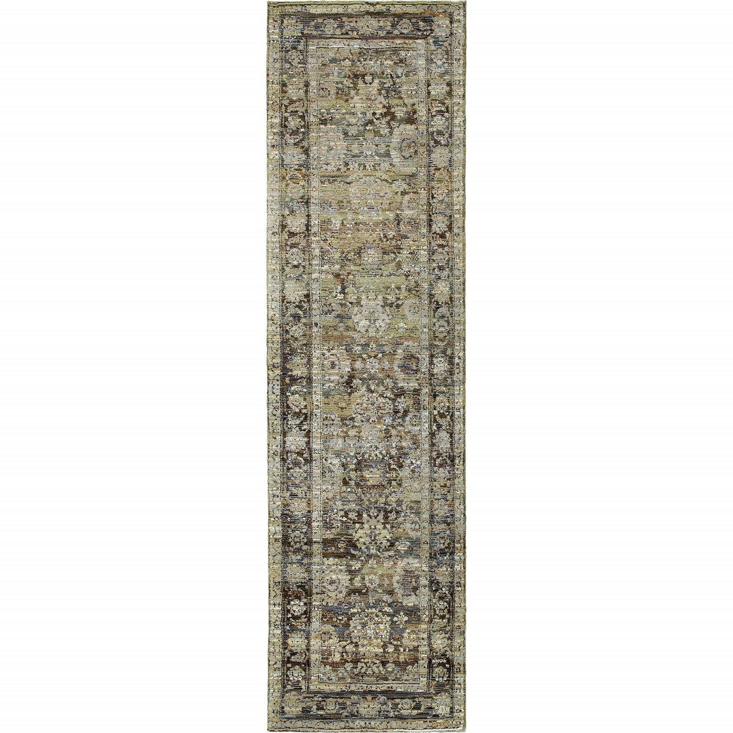 2'X8' Green And Brown Floral Runner Rug