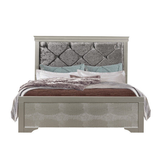 Silver Tone Rubberwood Queen Bed With Clean Line Headboard And Footboard