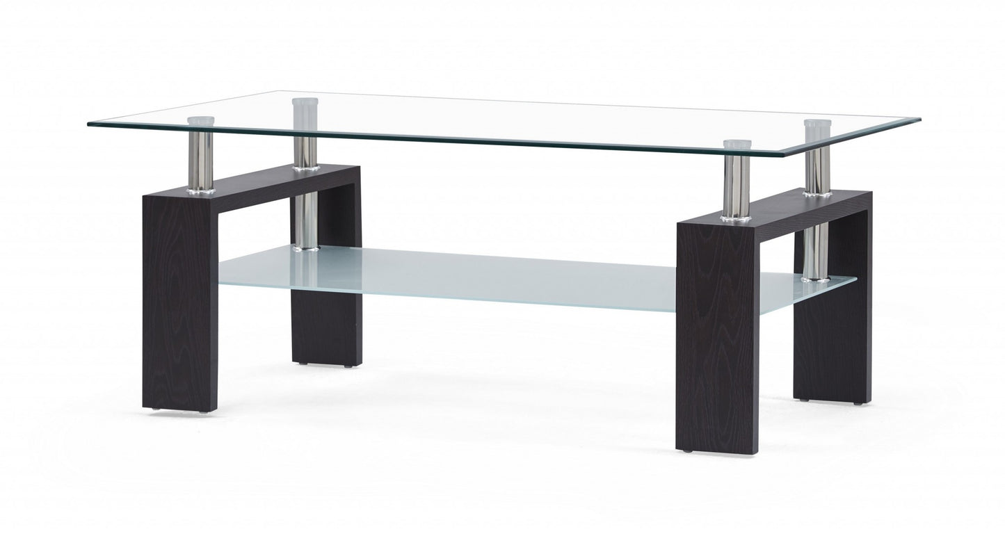 Dark Walnut Legs Coffee Table With Rectangular Clear Glass Top