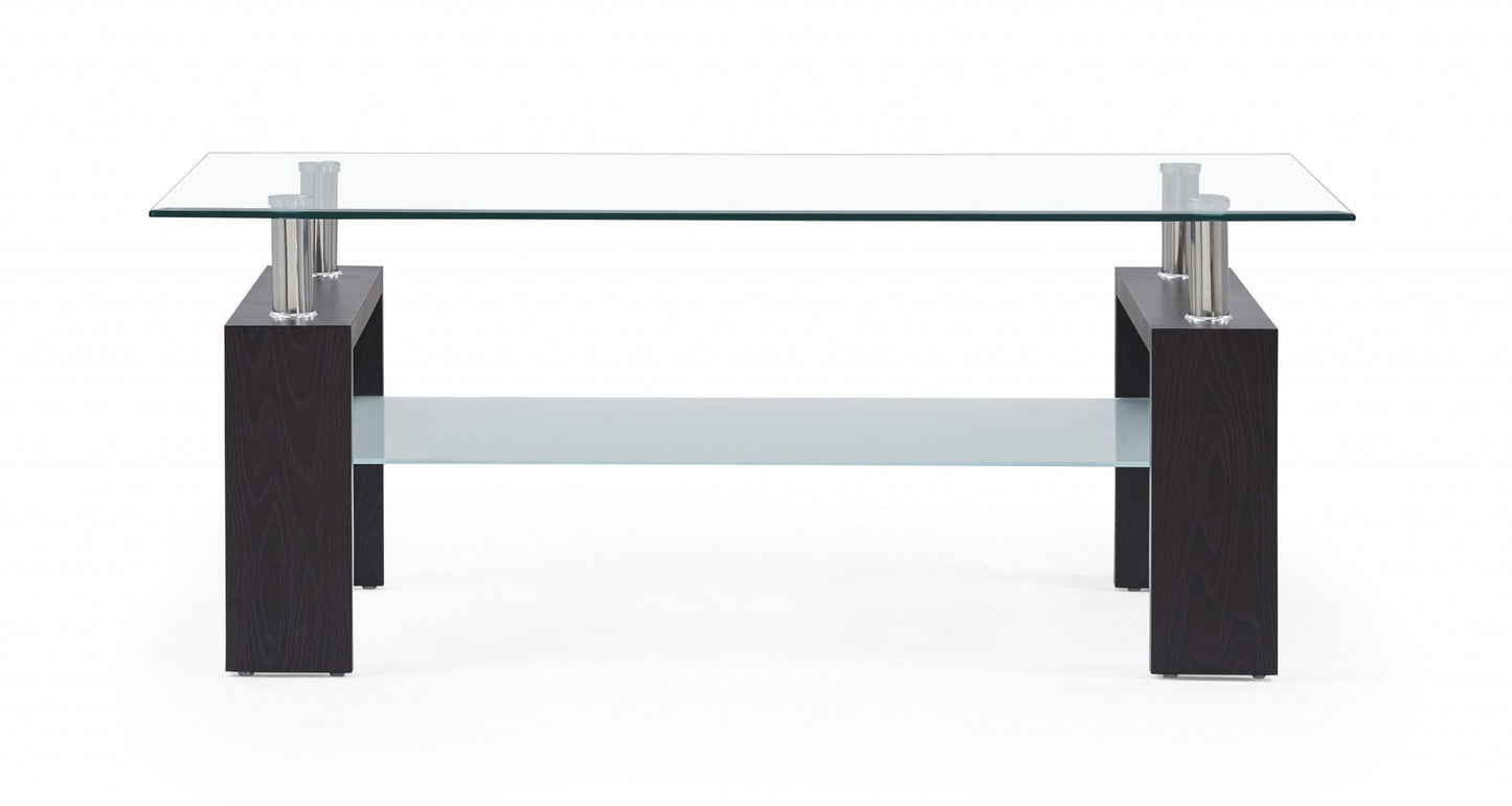 Dark Walnut Legs Coffee Table With Rectangular Clear Glass Top