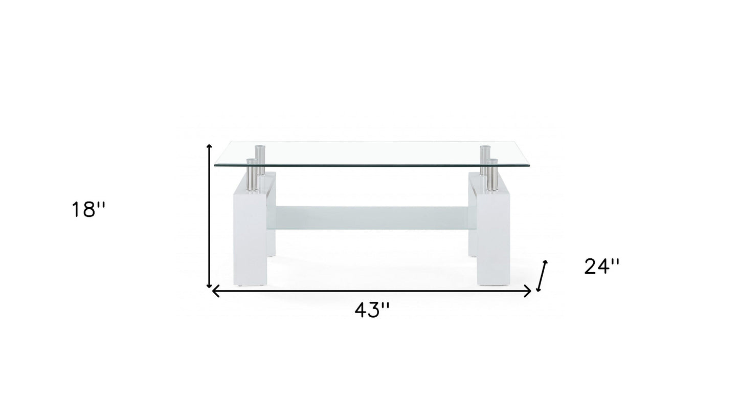 White Glossy Leg Coffee Table With Rectangular Clear Glass Top