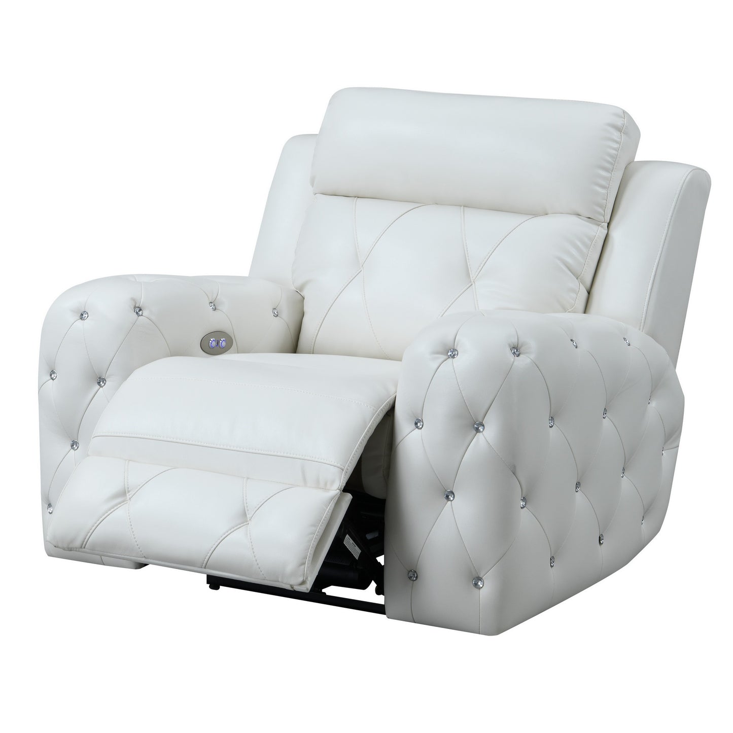 White Leather Gel Cover Power Recliner In Plushily Padded Seats Jewel Embellished Tufted Design Along With Recessed Arm