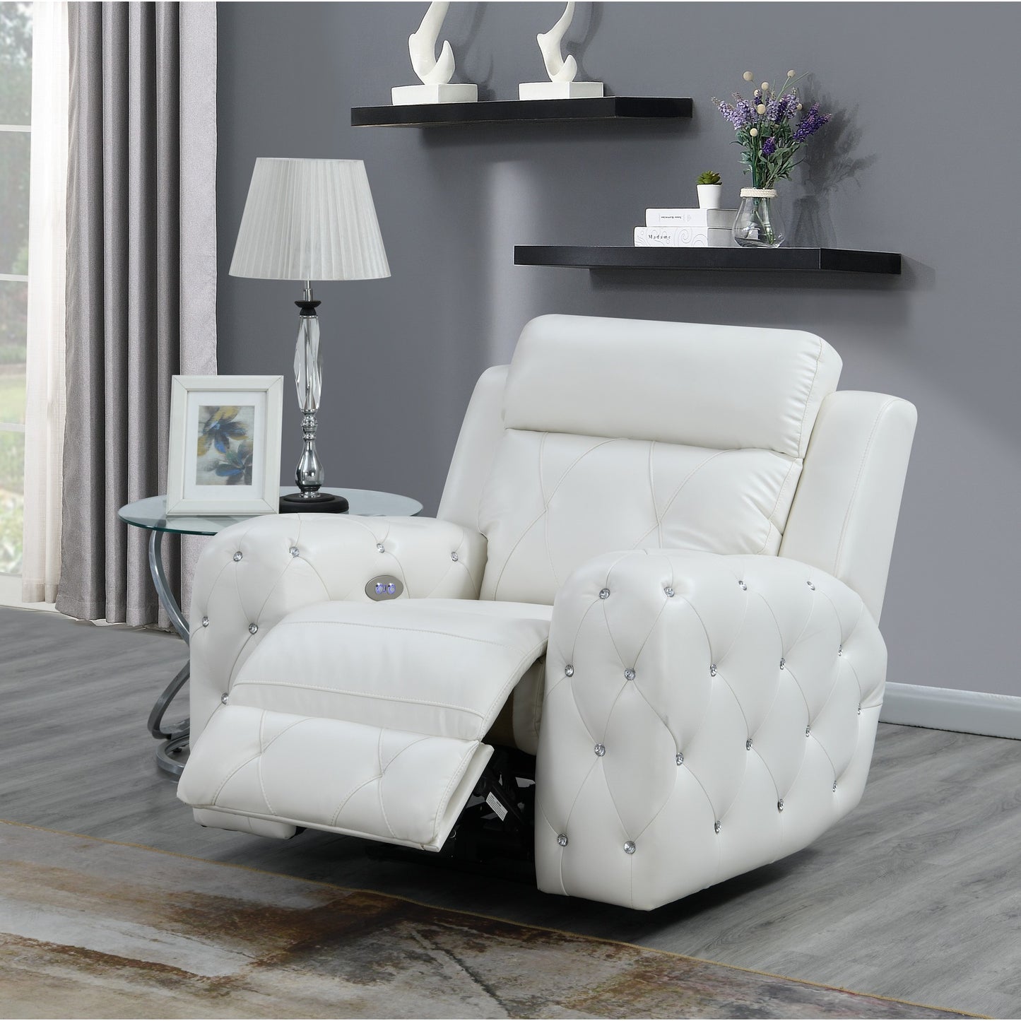 White Leather Gel Cover Power Recliner In Plushily Padded Seats Jewel Embellished Tufted Design Along With Recessed Arm