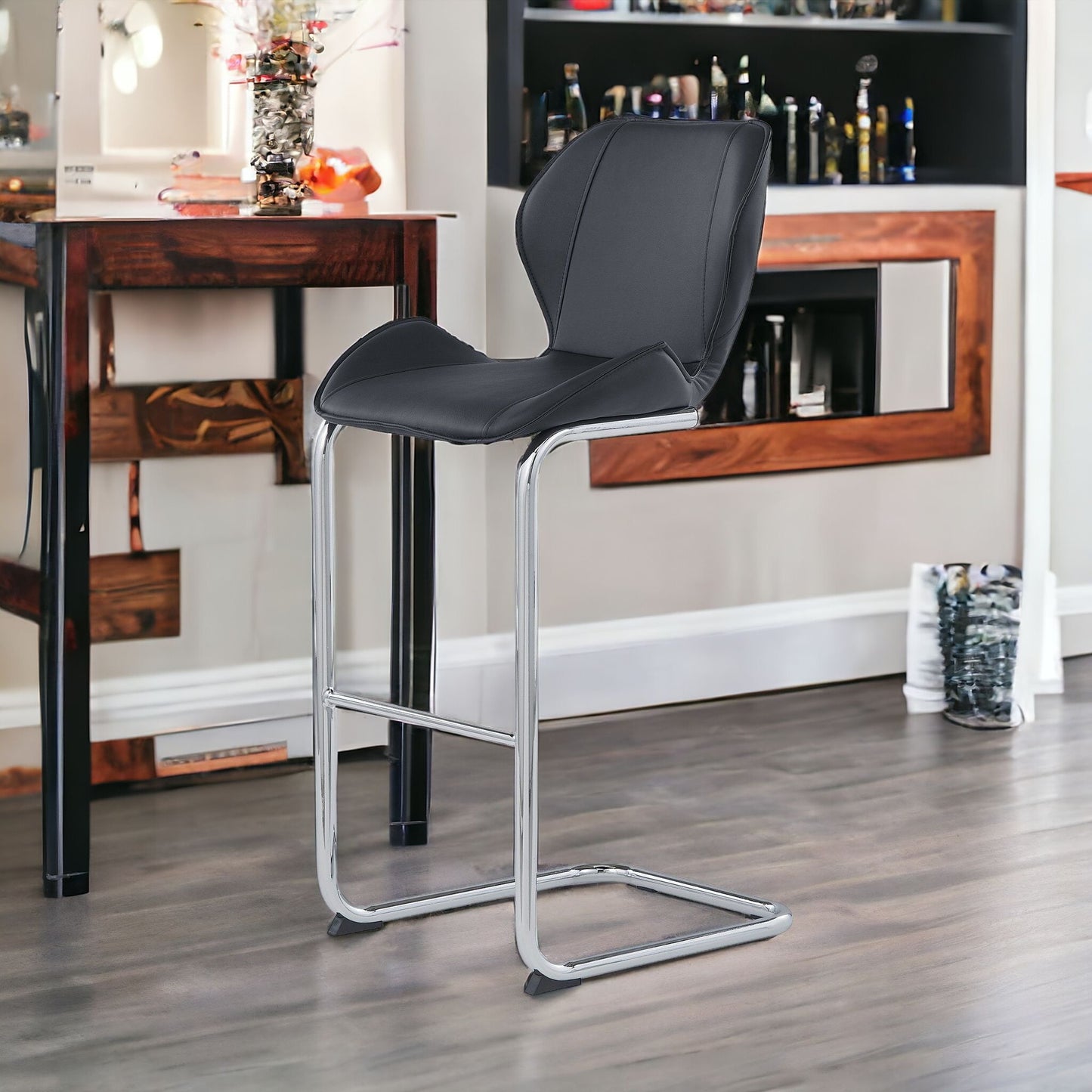 Set of Four 26" Black And Silver Metal Low Back Bar Height Bar Chairs With Footrest