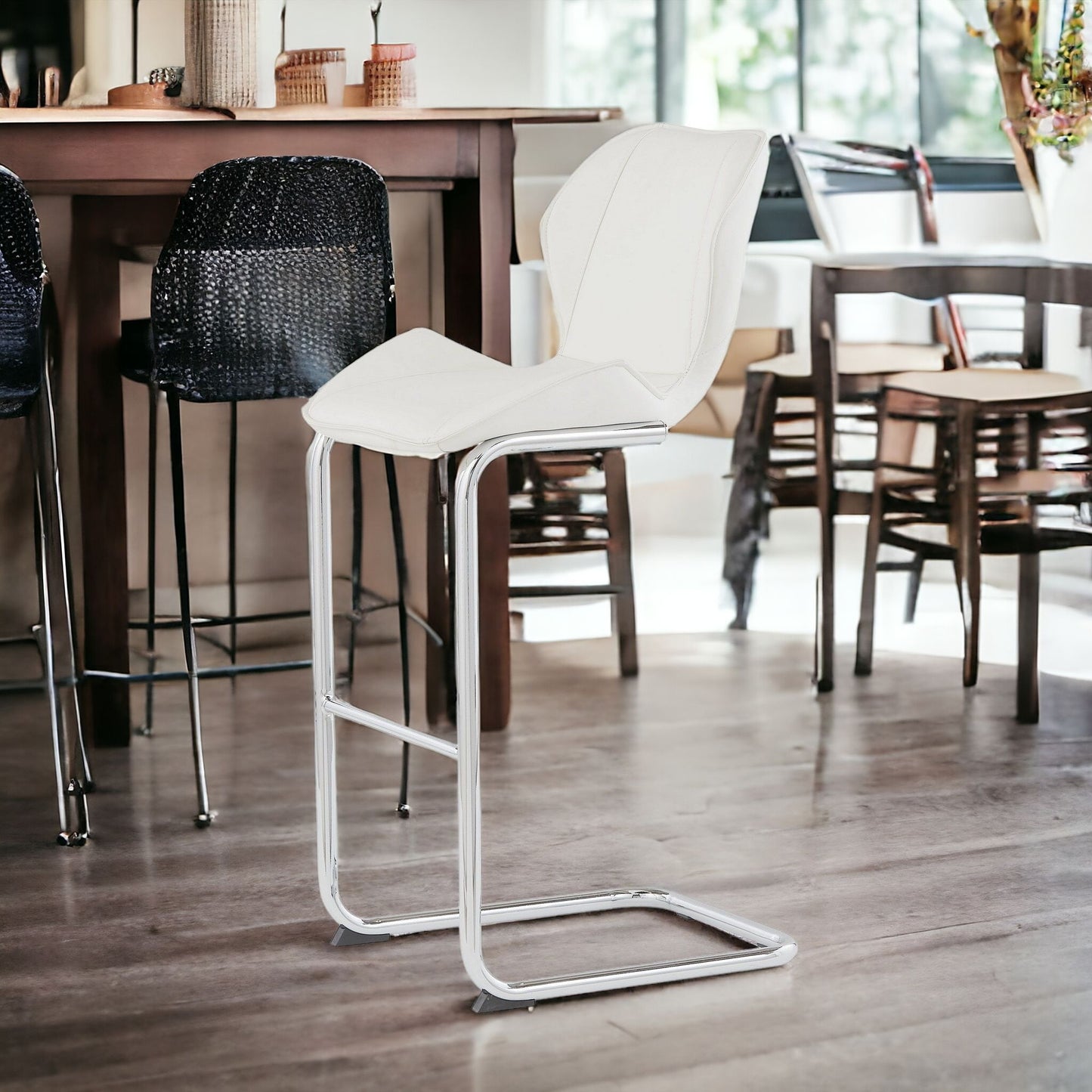 Set of Four 26" White And Silver Metal Low Back Bar Height Bar Chairs With Footrest