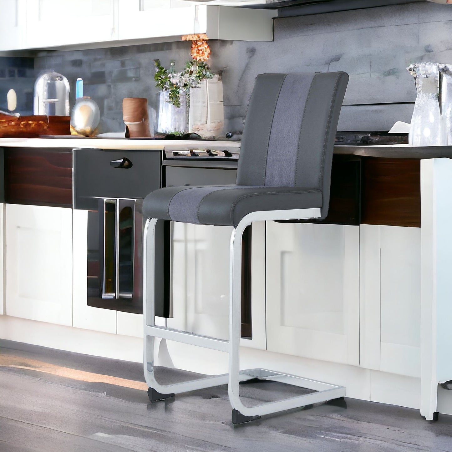 Set of Four 26" Gray And Silver Metal Low Back Counter Height Bar Chairs With Footrest