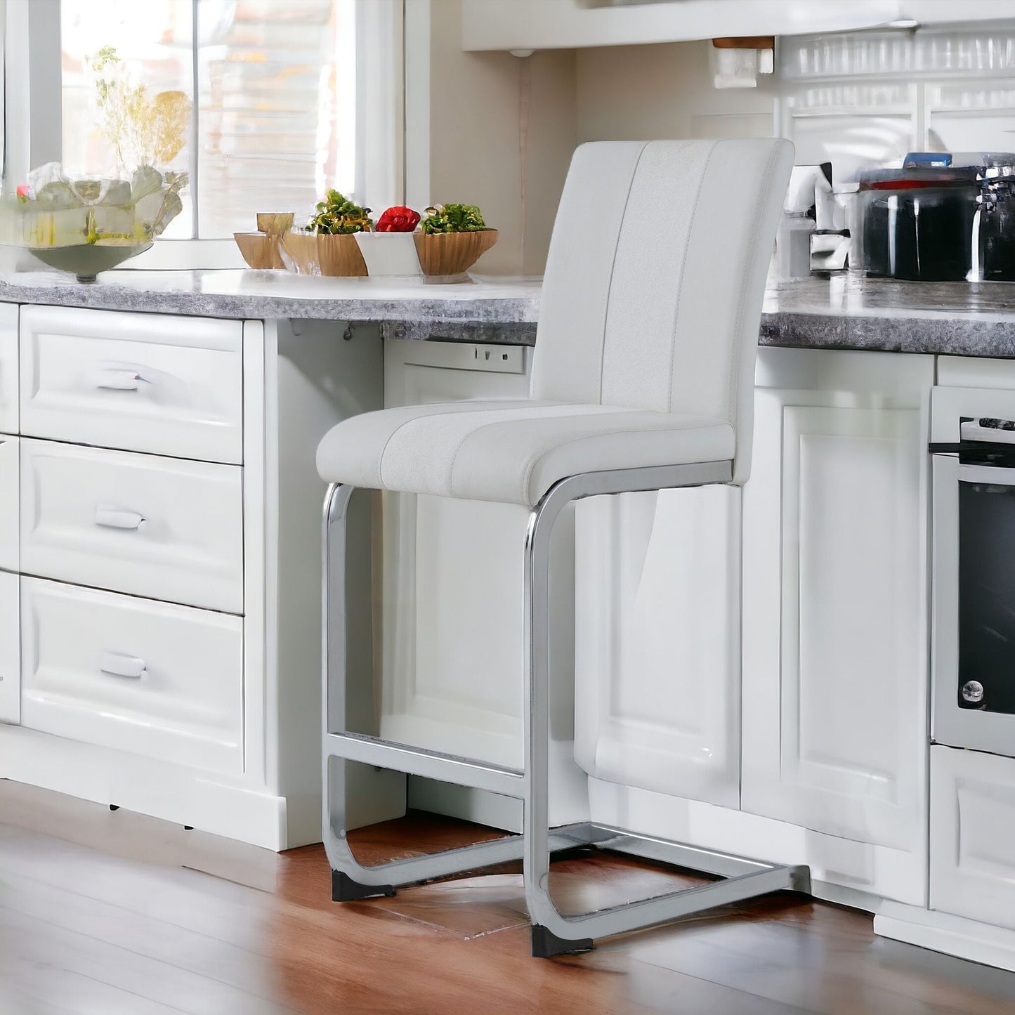 Set of Four 26" White And Silver Metal Low Back Counter Height Bar Chairs With Footrest