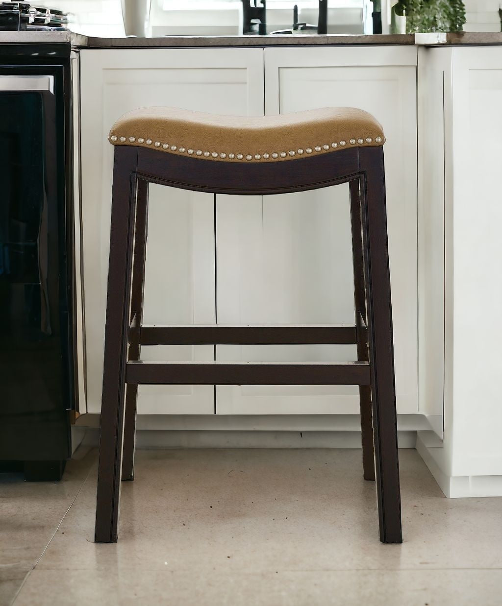 26" Tan and Espresso Backless Counter Height Bar Stool
