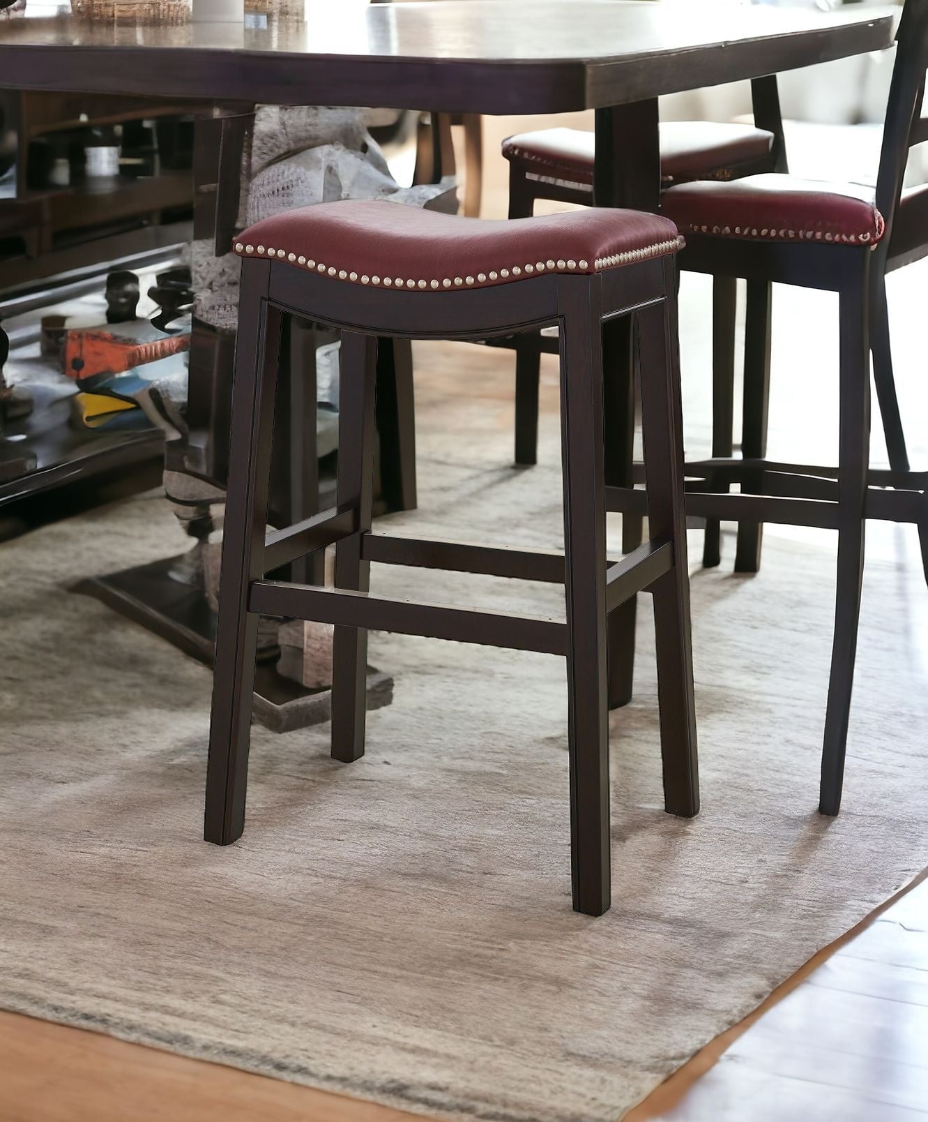 31" Dark Red And Espresso Solid Wood Backless Bar Height Bar Chair