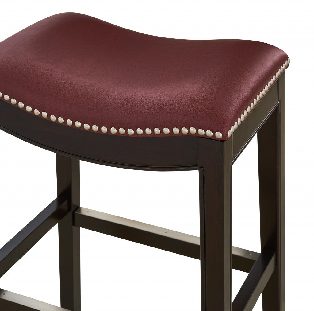 31" Dark Red And Espresso Solid Wood Backless Bar Height Bar Chair
