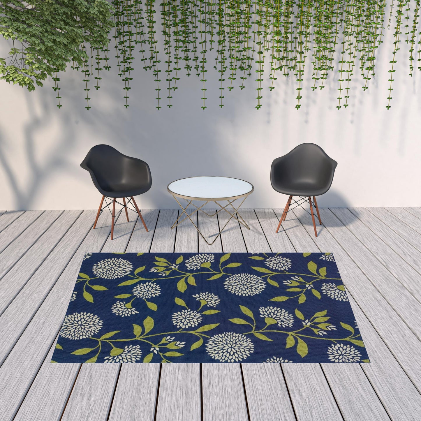 4' x 5' Blue and Green Floral Indoor Outdoor Area Rug