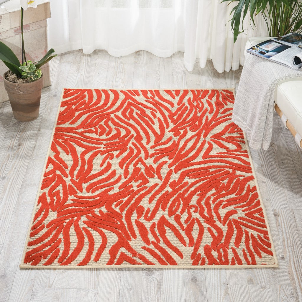 3' X 4' Orange And Ivory Abstract Stain Resistant Indoor Outdoor Area Rug
