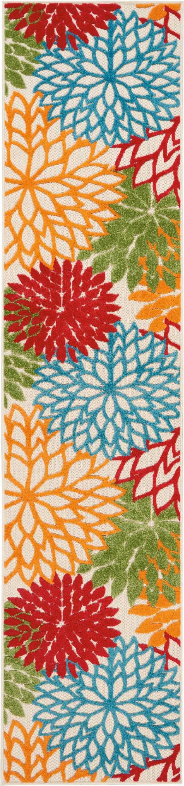 6' Runner Ivory Blue and Orange Floral Indoor Outdoor Area Rug