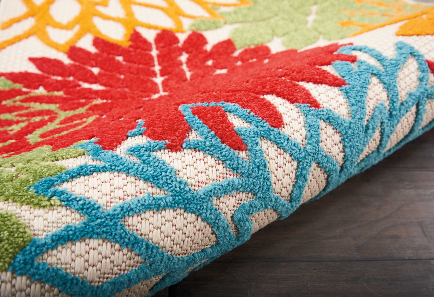 6' Runner Ivory Blue and Orange Floral Indoor Outdoor Area Rug