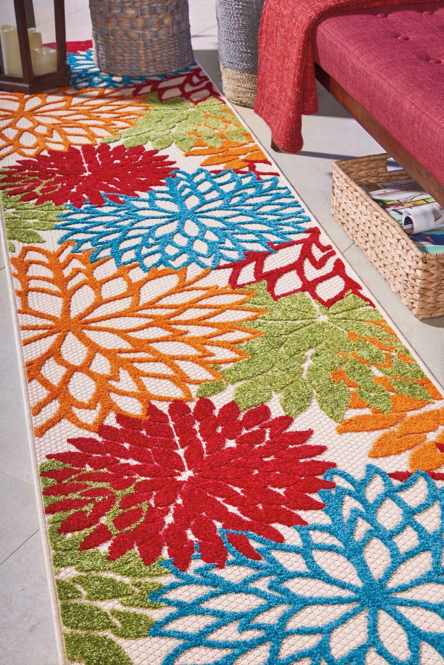 6' Runner Ivory Blue and Orange Floral Indoor Outdoor Area Rug