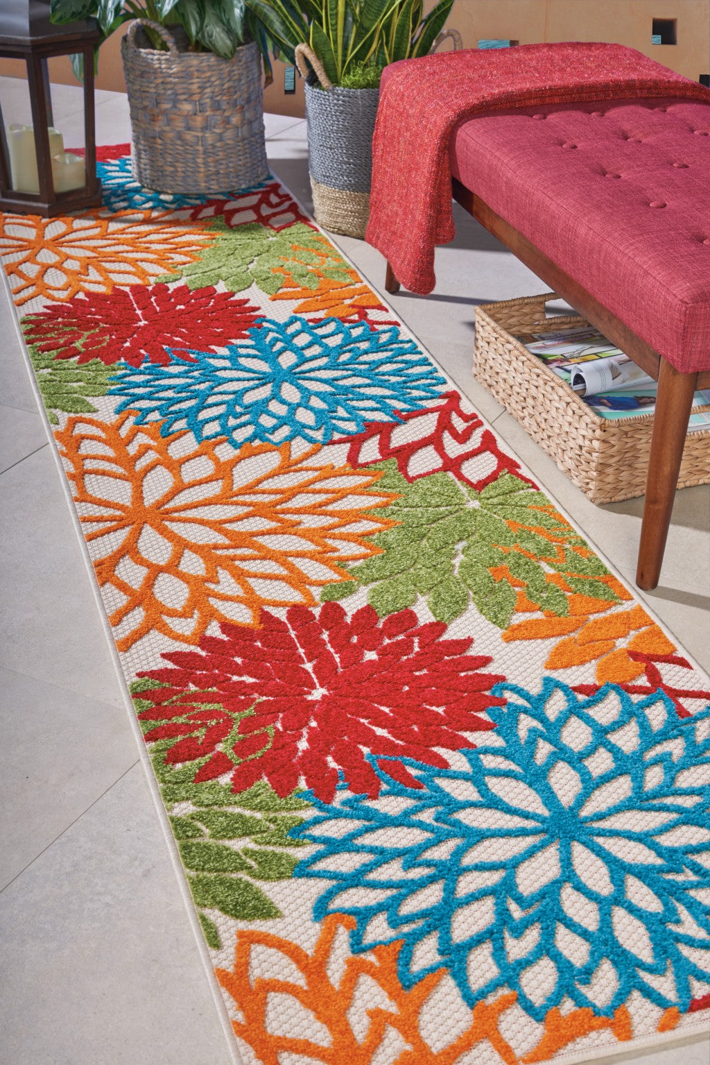 6' Runner Ivory Blue and Orange Floral Indoor Outdoor Area Rug