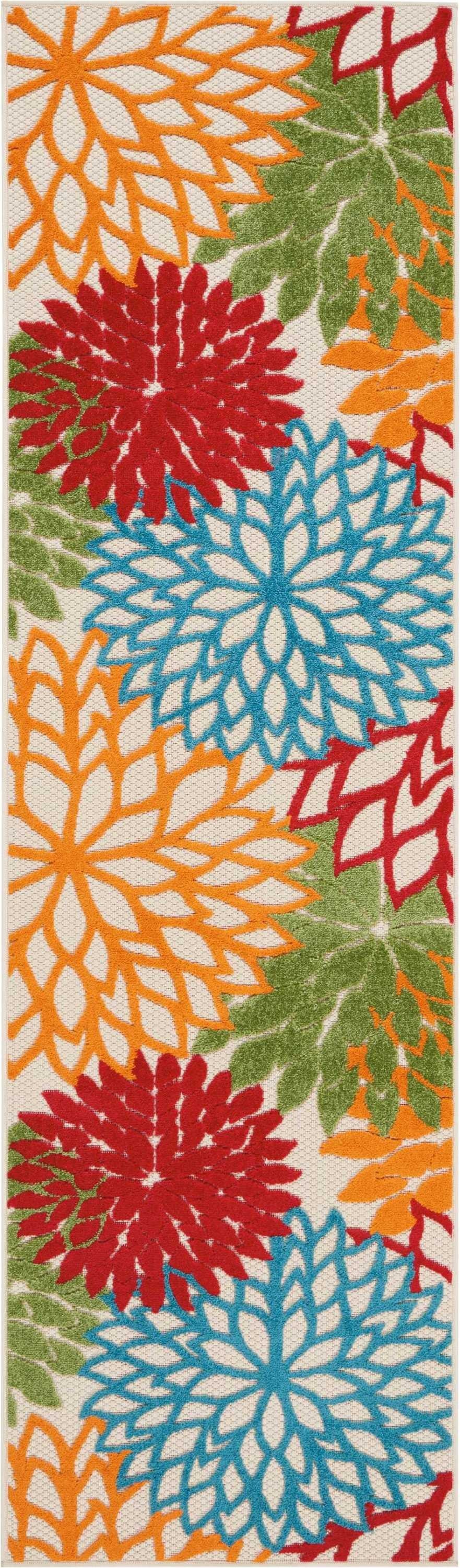 6' Runner Ivory Blue and Orange Floral Indoor Outdoor Area Rug