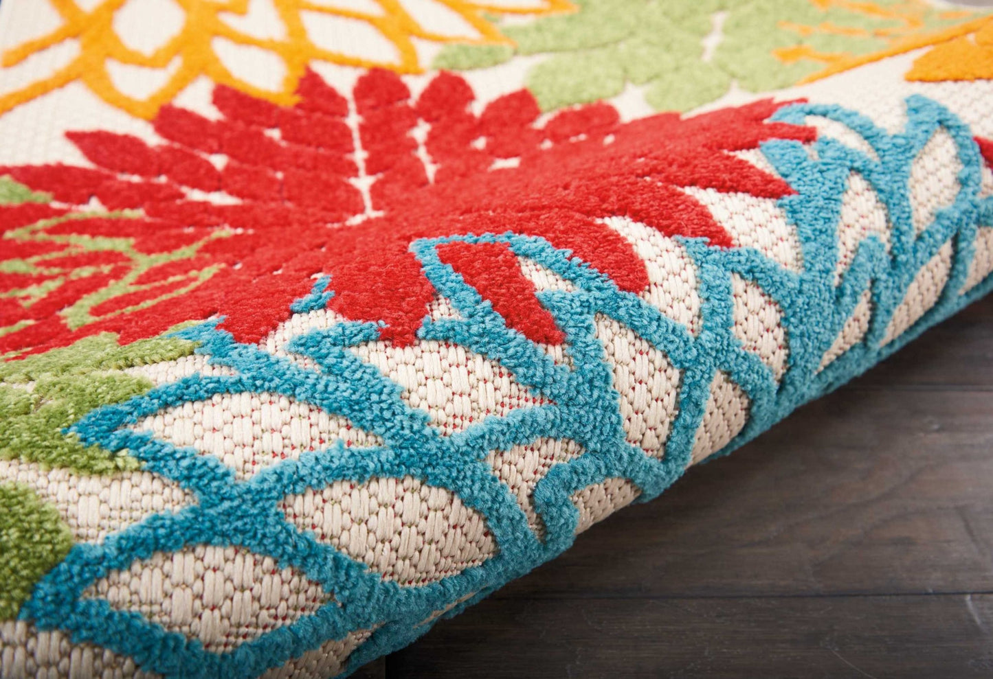 6' Runner Ivory Blue and Orange Floral Indoor Outdoor Area Rug