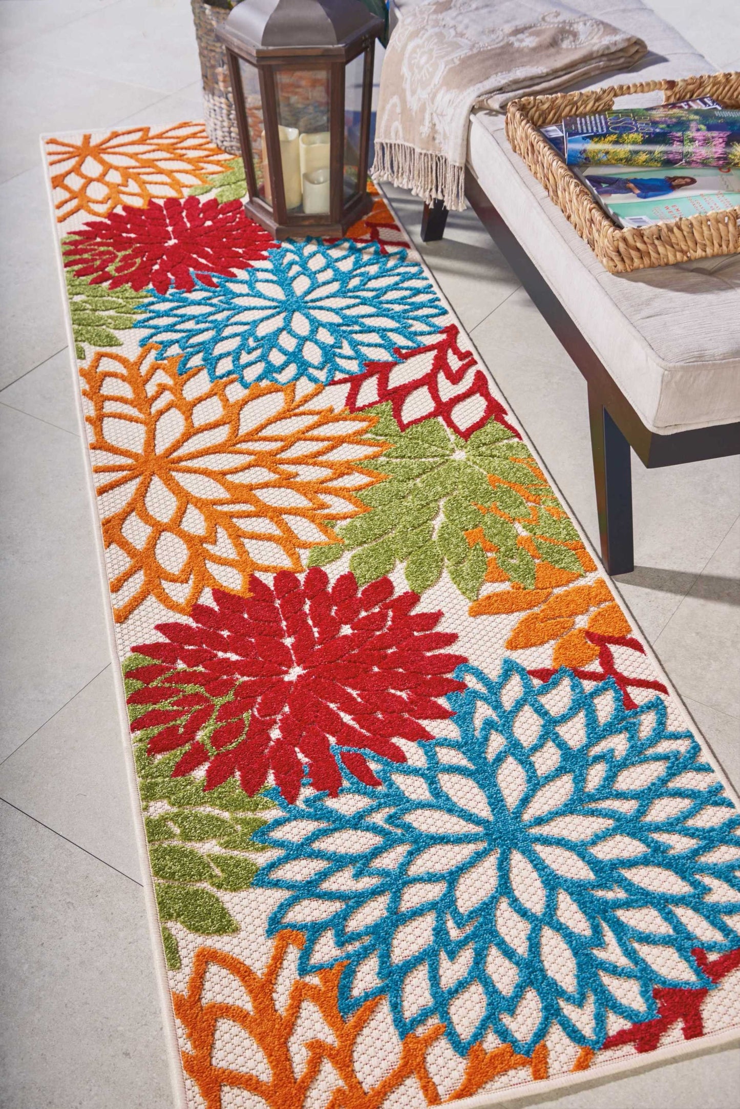 6' Runner Ivory Blue and Orange Floral Indoor Outdoor Area Rug