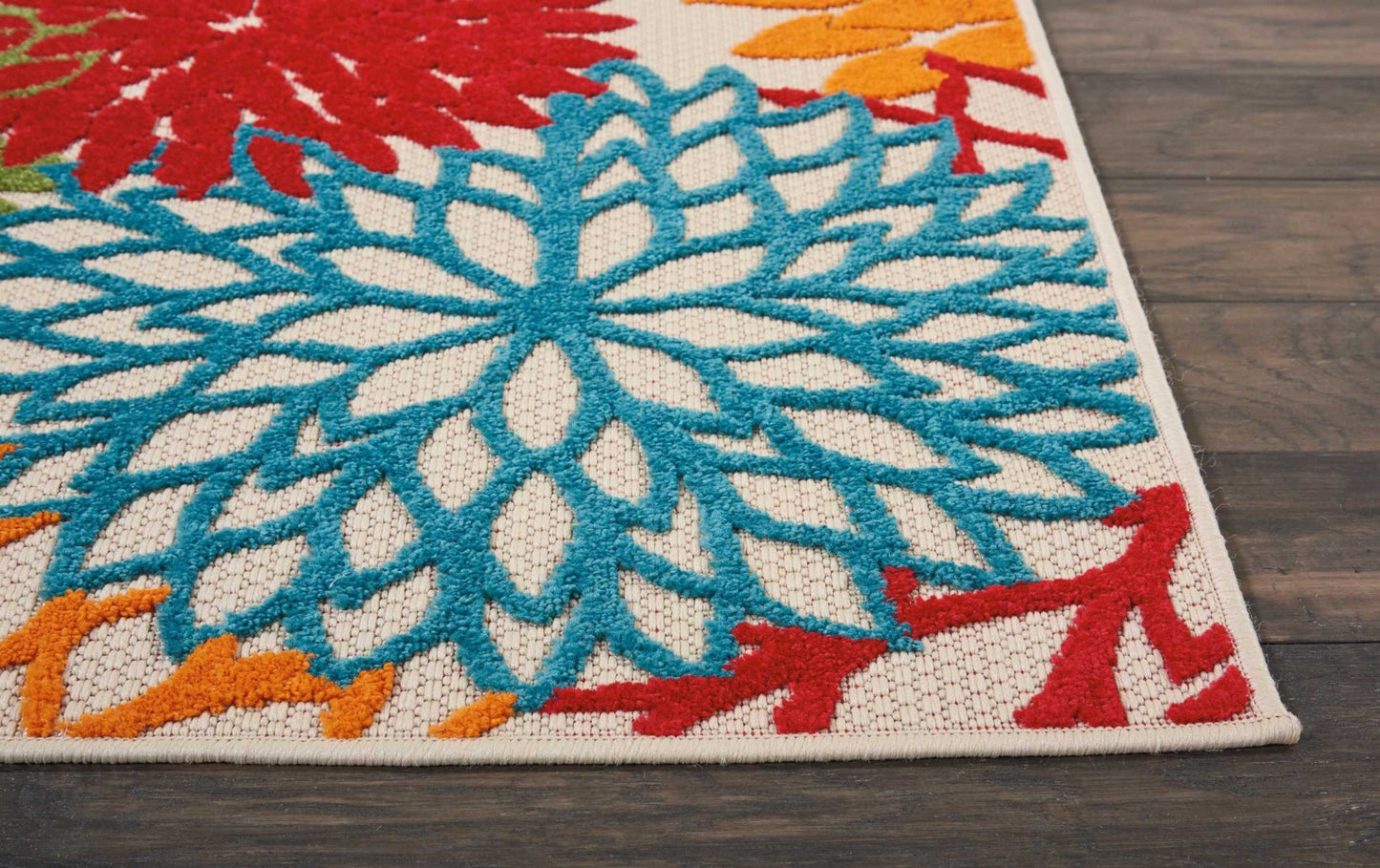 6' Runner Ivory Blue and Orange Floral Indoor Outdoor Area Rug