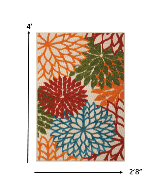 4' X 6' Green And Ivory Floral Indoor Outdoor Area Rug