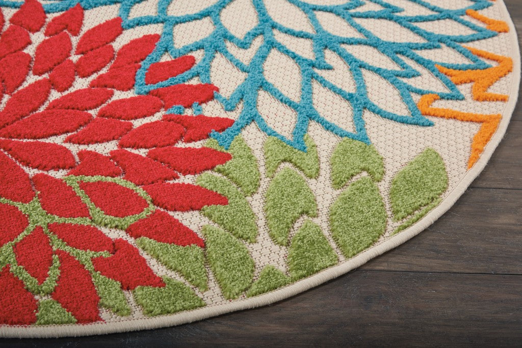 8' Round Green And Ivory Round Floral Indoor Outdoor Area Rug