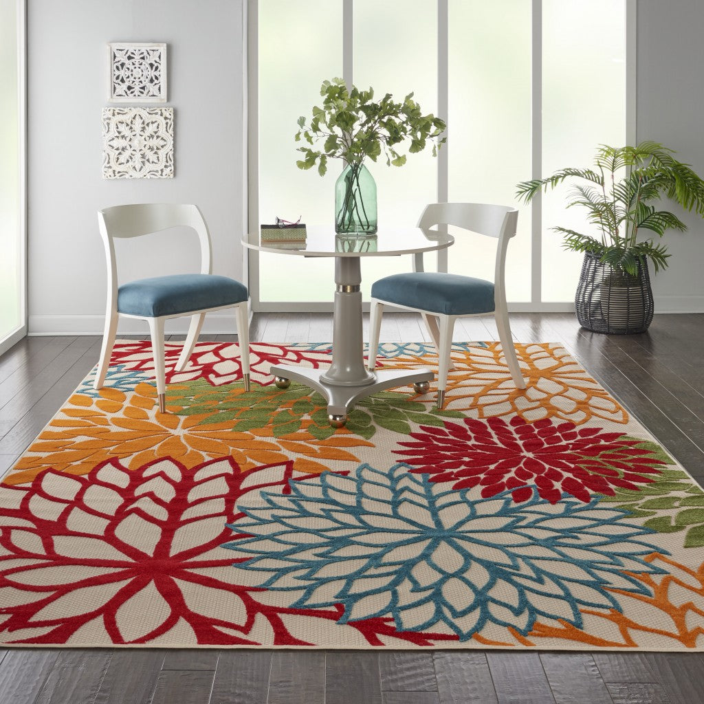 4' X 6' Green And Ivory Floral Indoor Outdoor Area Rug