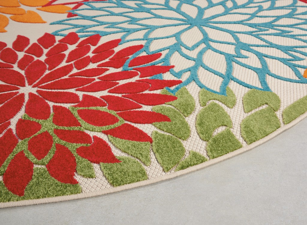 8' Round Green And Ivory Round Floral Indoor Outdoor Area Rug