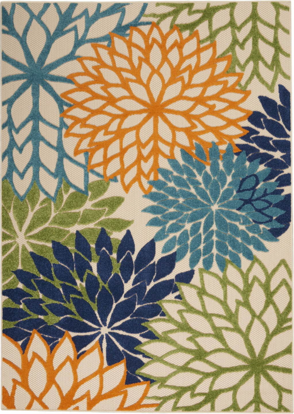 7' X 10' Ivory And Blue Floral Indoor Outdoor Area Rug