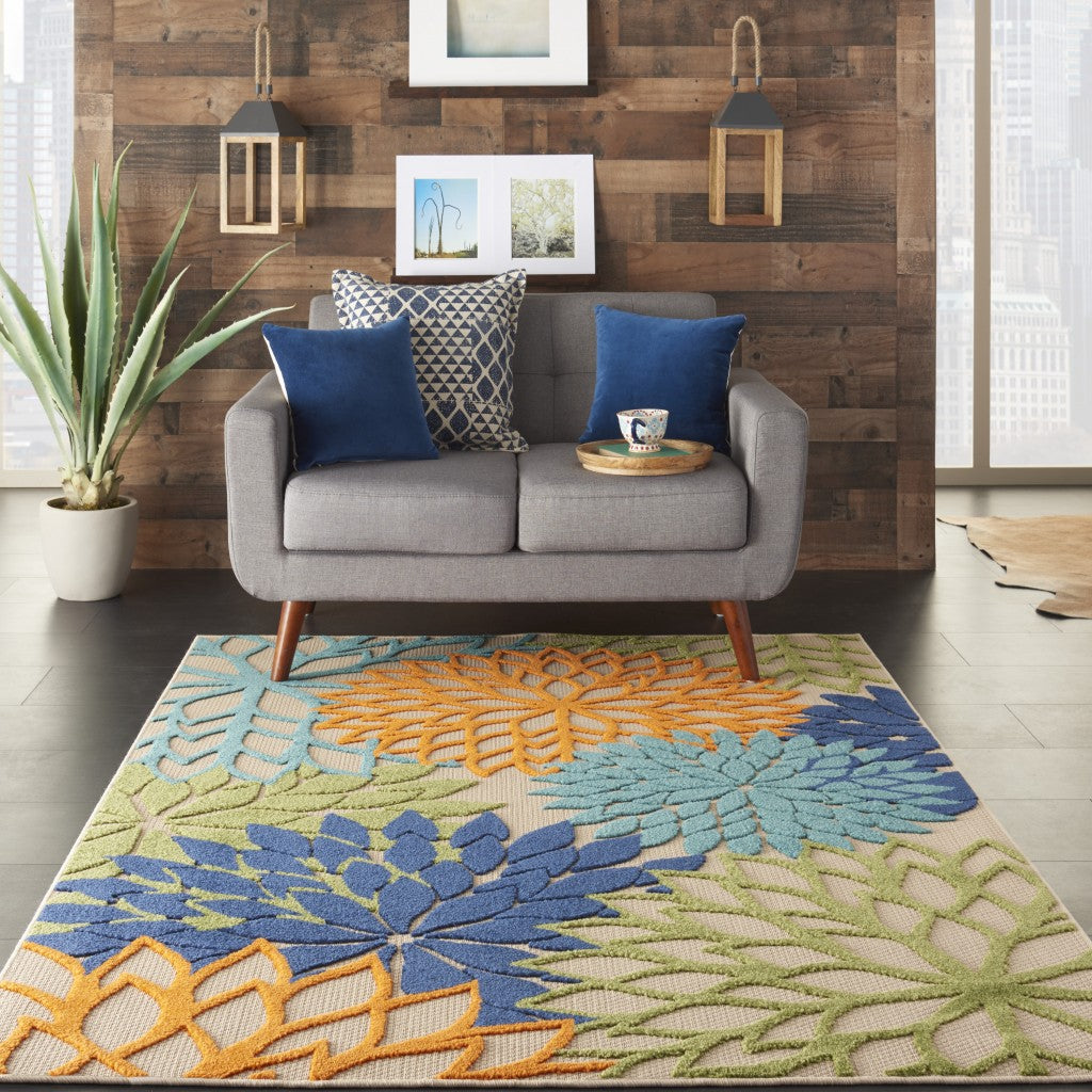 7' X 10' Ivory And Blue Floral Indoor Outdoor Area Rug