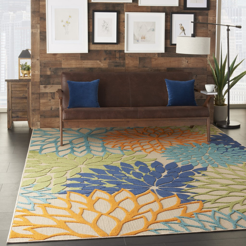4' X 6' Ivory And Blue Floral Indoor Outdoor Area Rug