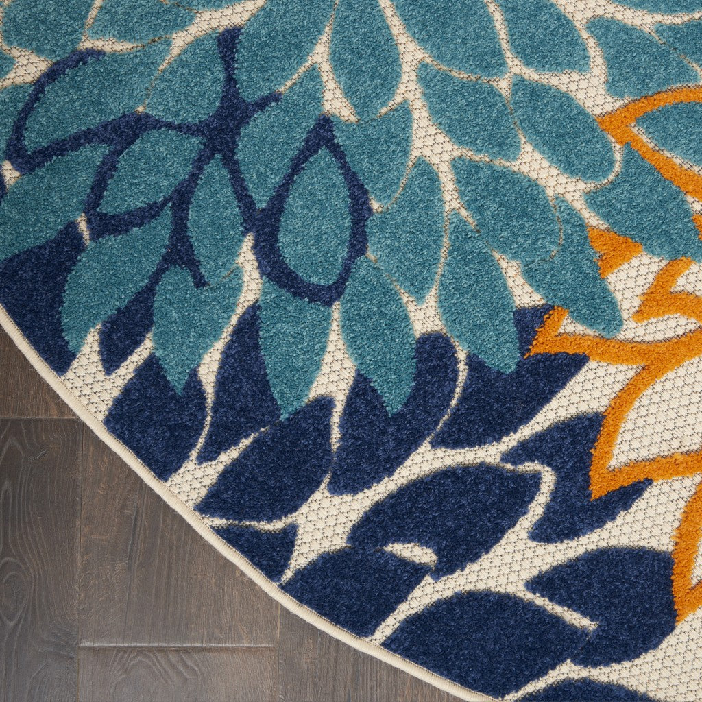 5' Round Ivory And Blue Round Floral Indoor Outdoor Area Rug