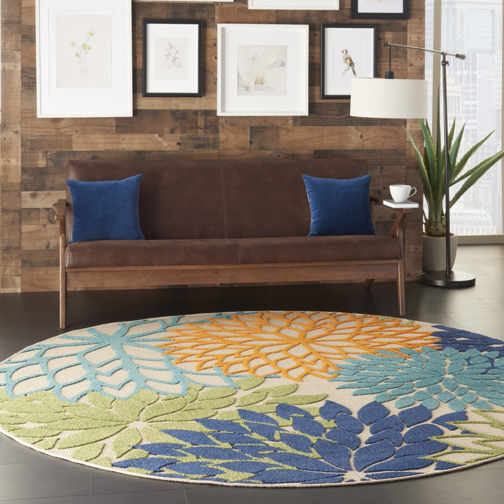 5' Round Ivory And Blue Round Floral Indoor Outdoor Area Rug