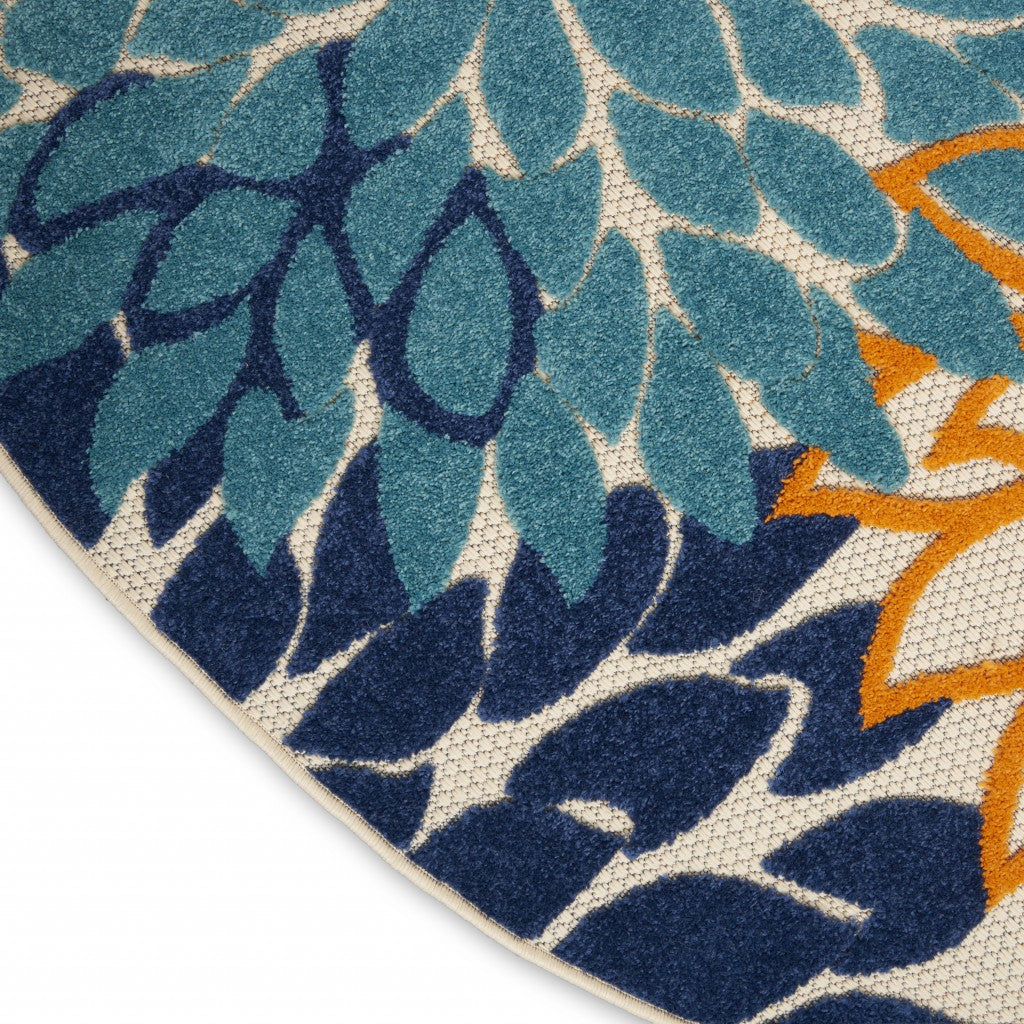 5' Round Ivory And Blue Round Floral Indoor Outdoor Area Rug