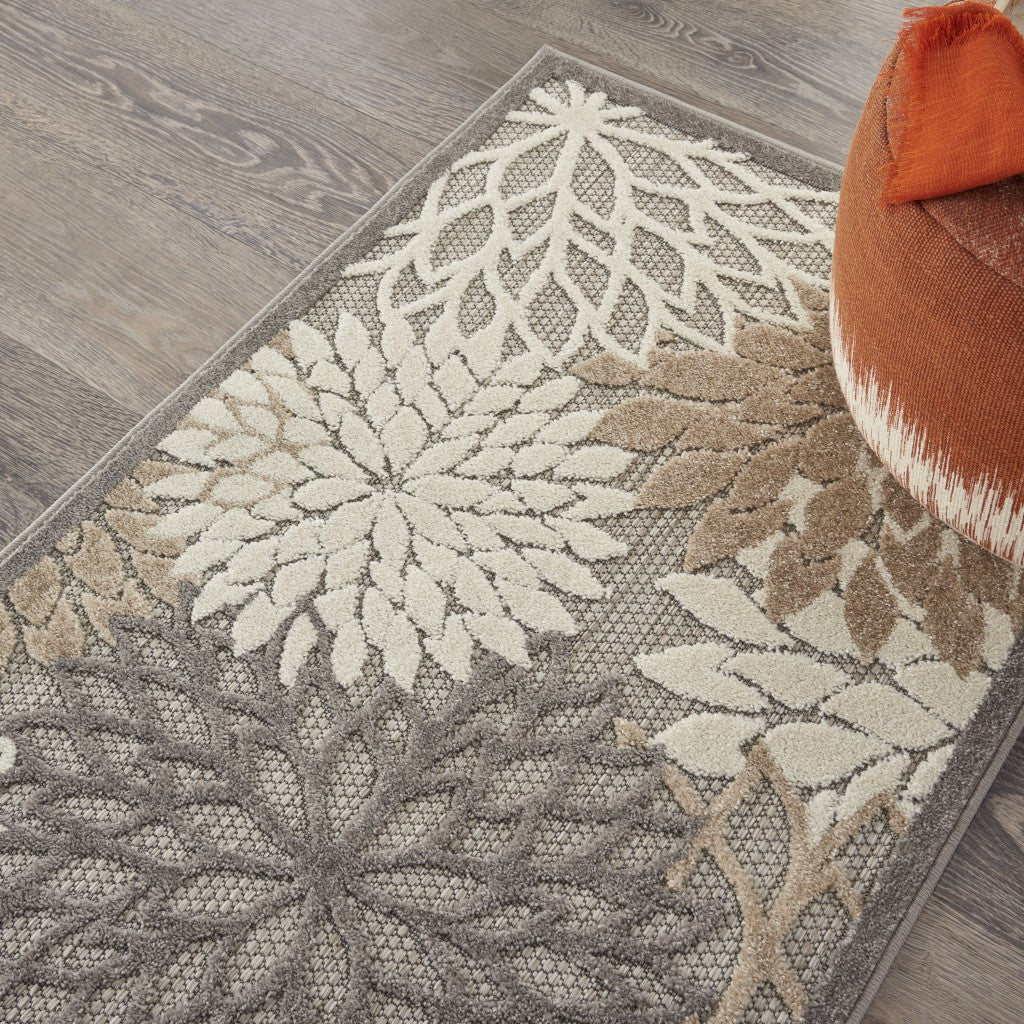 2' X 10' Gray And Ivory Floral Indoor Outdoor Area Rug