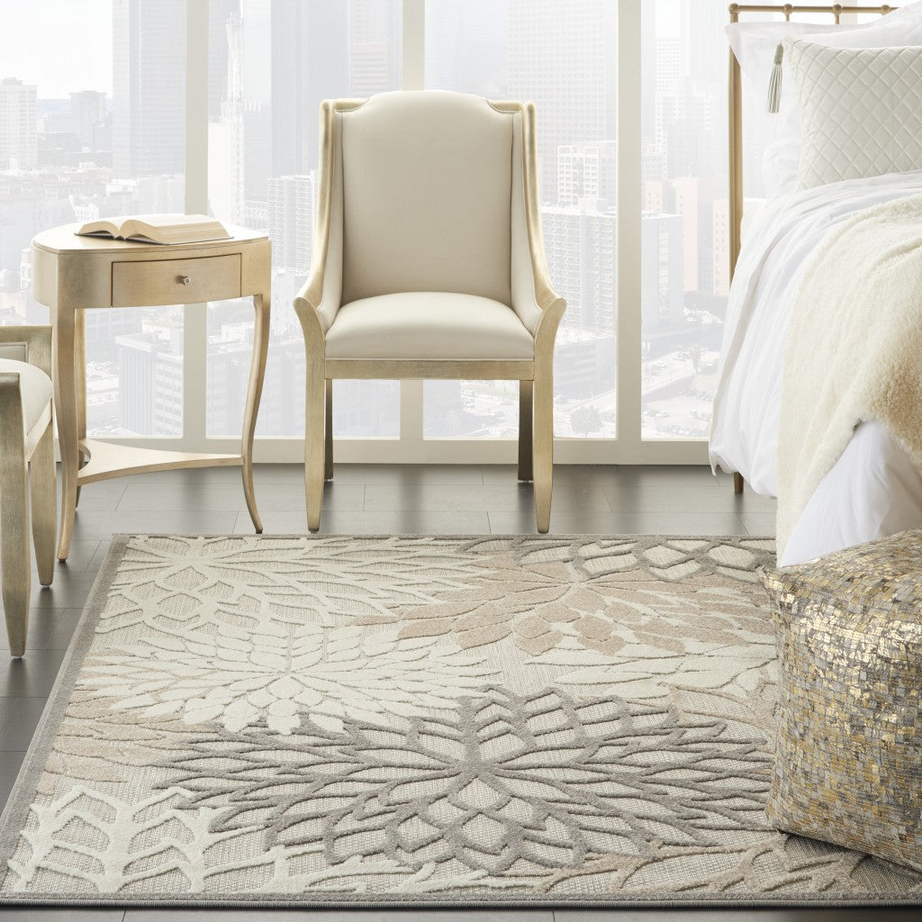 2' X 10' Gray And Ivory Floral Indoor Outdoor Area Rug