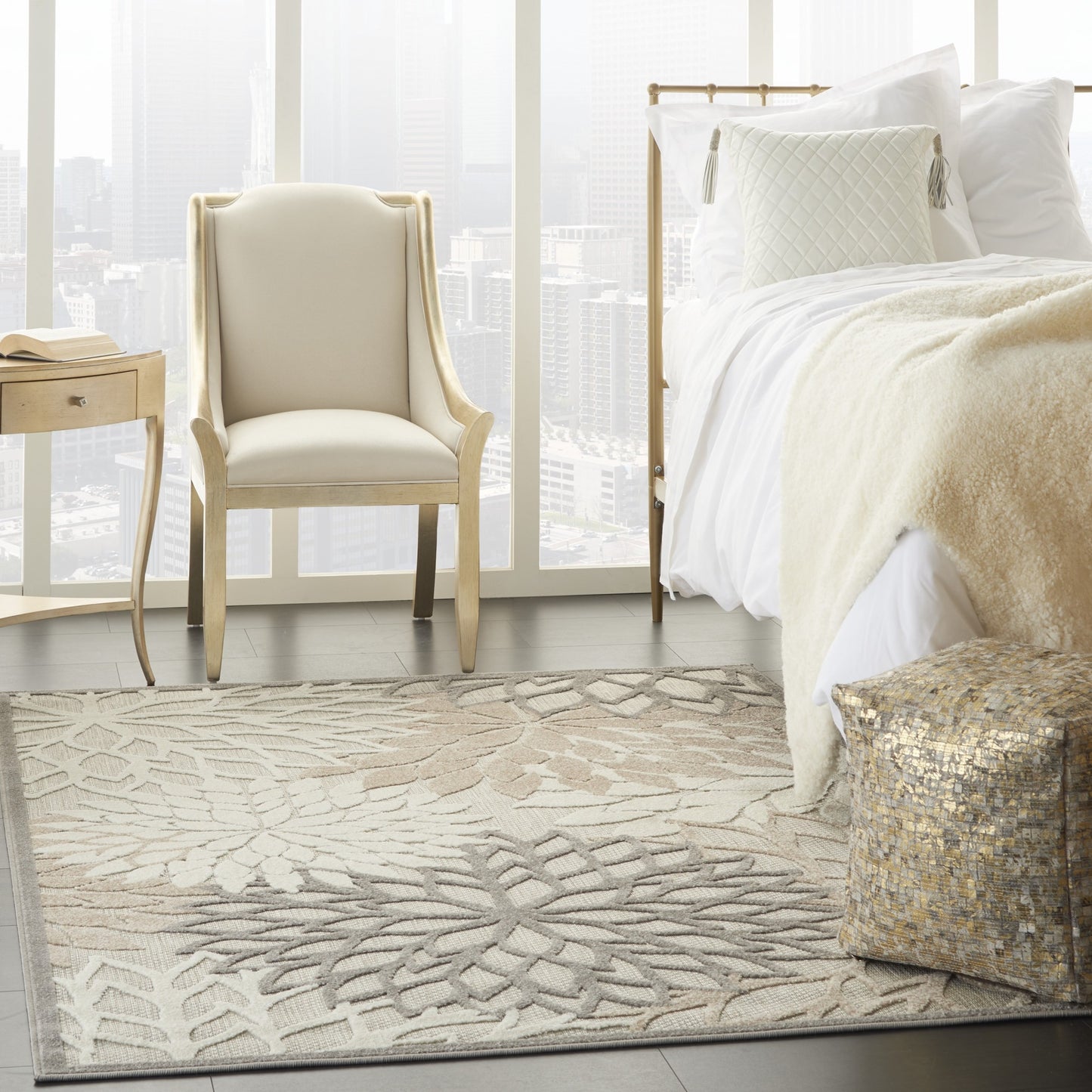 2' X 10' Gray And Ivory Floral Indoor Outdoor Area Rug